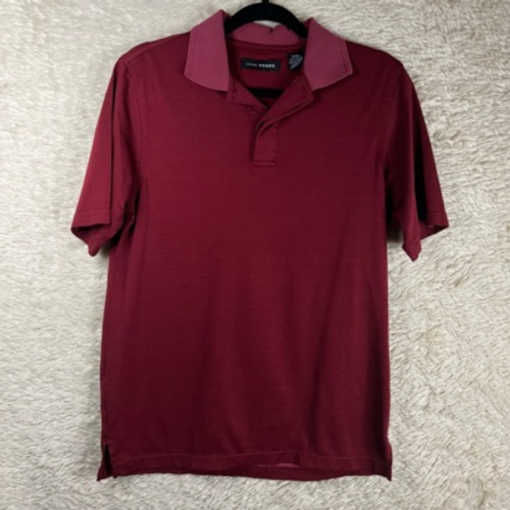 John Henry Mens Polo Shirt Red Striped Short Sleeves Buttons Collar Side Slits S